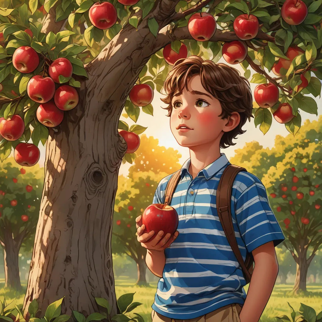 a boy holding an apple standing next to a tree with apples on it and a bag on his shoulder, precisionism, a storybook illustration, Aaron Jasinski, rossdraws global illumination