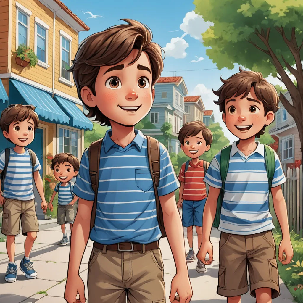 a group of children walking down a street next to a tree and a building with a blue awning, lyco art, a storybook illustration, Brothers Hildebrandt, comic cover art