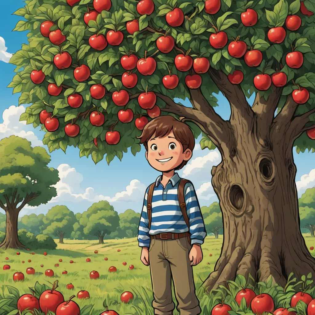 a boy standing under a tree with apples on it in a field of grass and trees with red apples, lyco art, a storybook illustration, Cliff Childs, book cover