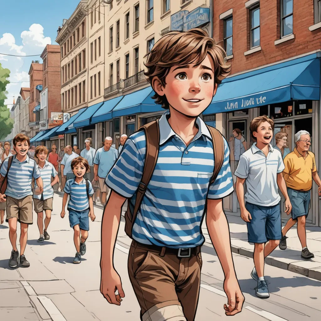 a boy in a blue shirt and brown shorts is walking down the street with a backpack on his back, american scene painting, a comic book panel, F Scott Hess, graphic novel