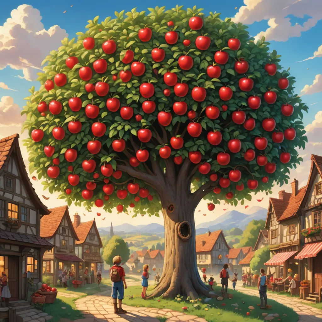 a painting of a tree with apples on it and a person standing under it in front of a village, precisionism, a storybook illustration, Chris LaBrooy, kinkade