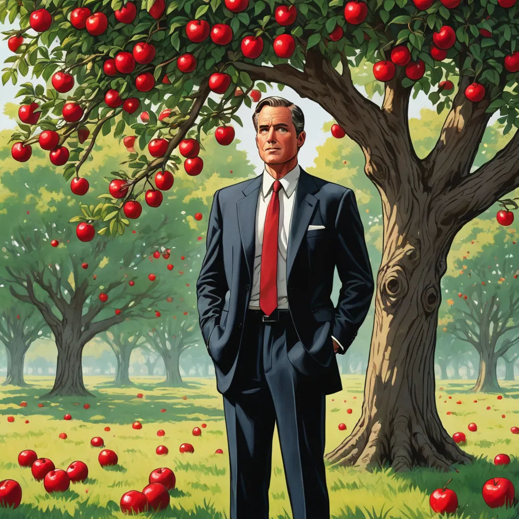 a painting of a man in a suit standing in front of a tree with apples on it and a field of grass, precisionism, a storybook illustration, Edwin Georgi, tristan eaton