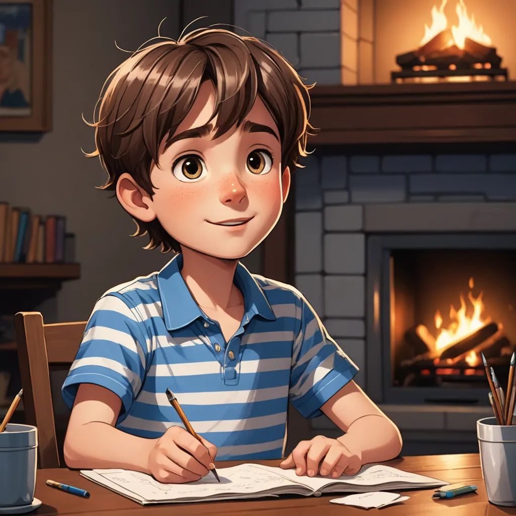 a boy is sitting at a table writing in a book and a fireplace is in the background with a fire place, paris school, a character portrait, Diego Gisbert Llorens, kinkade