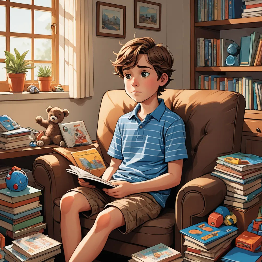 a boy sitting in a chair with a book in his lap and a teddy bear on the chair behind him, photorealism, a storybook illustration, Aaron Jasinski, storybook illustration