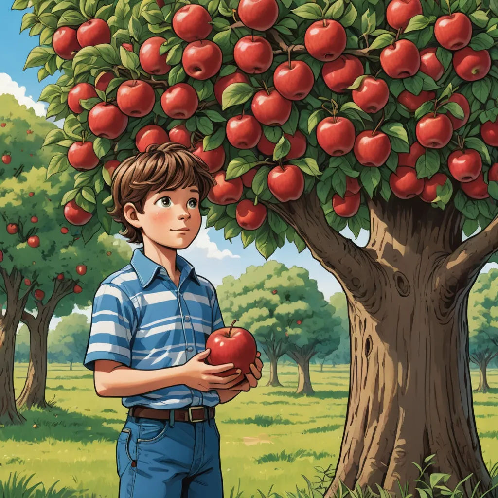 a boy standing in front of a tree with apples on it, holding a red apple in his hands, precisionism, a storybook illustration, Aaron Jasinski, storybook illustration