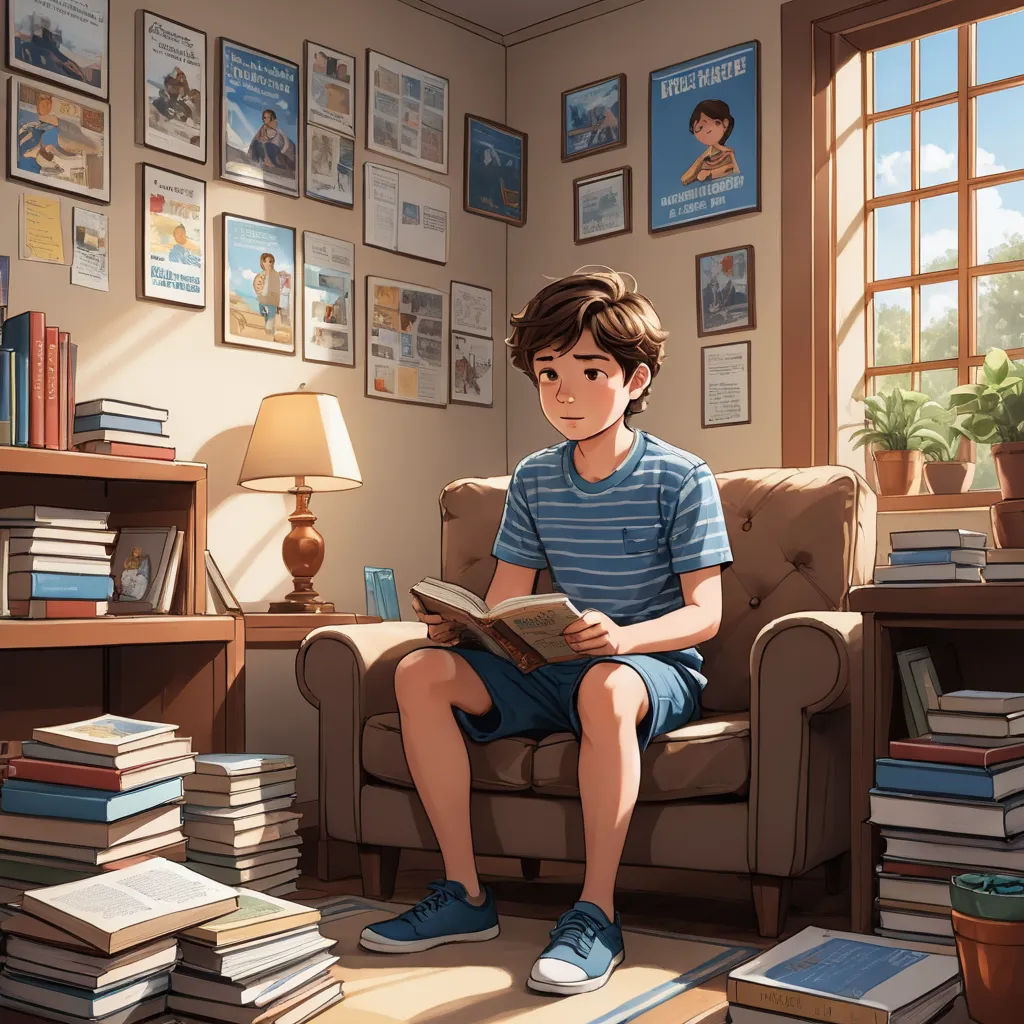 a boy sitting in a chair reading a book in a room with a lot of books on the walls, photorealism, a storybook illustration, Alejandro Burdisio, rossdraws global illumination