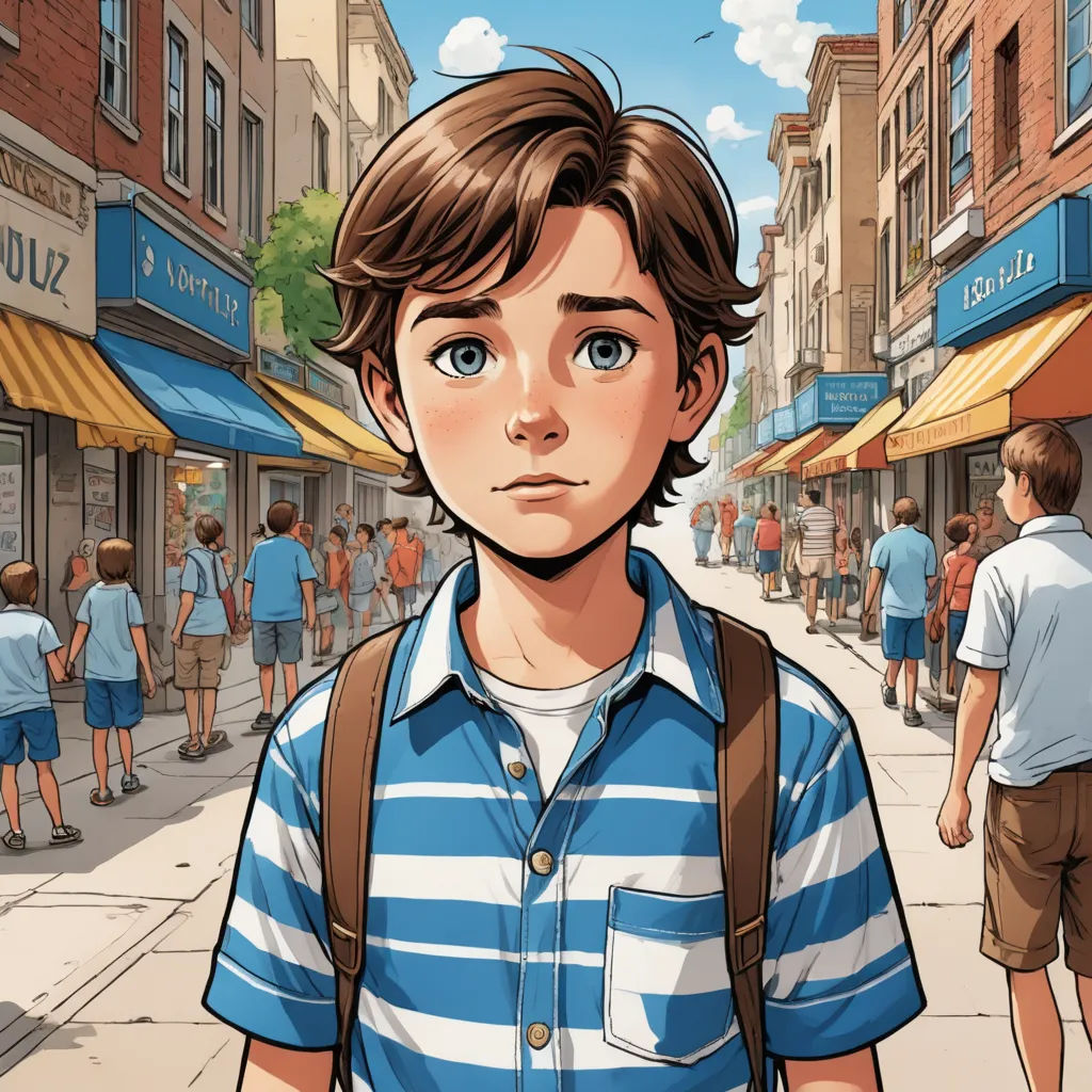 a boy with a backpack on a city street with people walking around him and a building in the background, photorealism, a comic book panel, Asaf Hanuka, graphic novel
