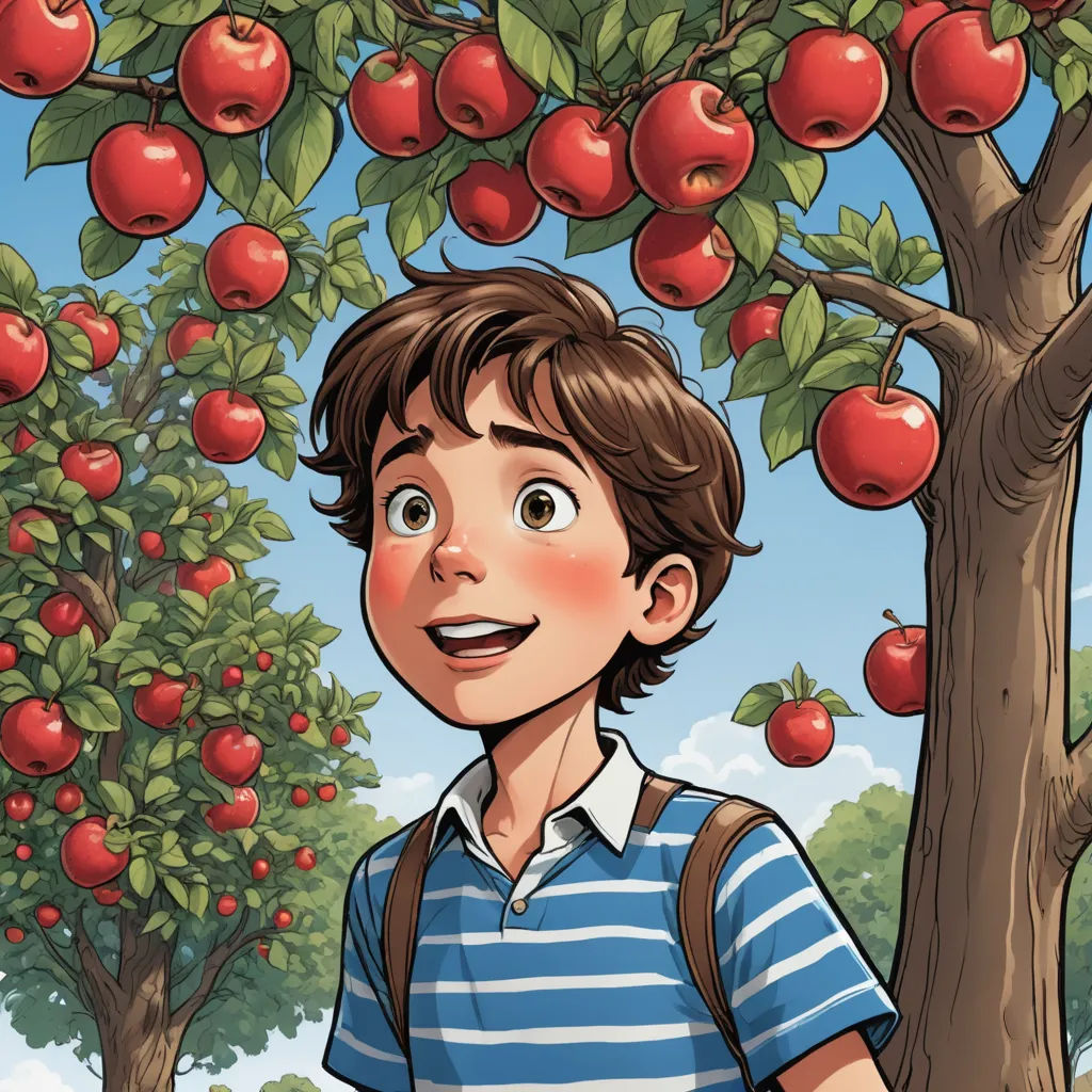 a boy standing under a tree with apples on it's branches and a blue and white striped shirt, context art, a storybook illustration, Aaron Jasinski, rossdraws global illumination