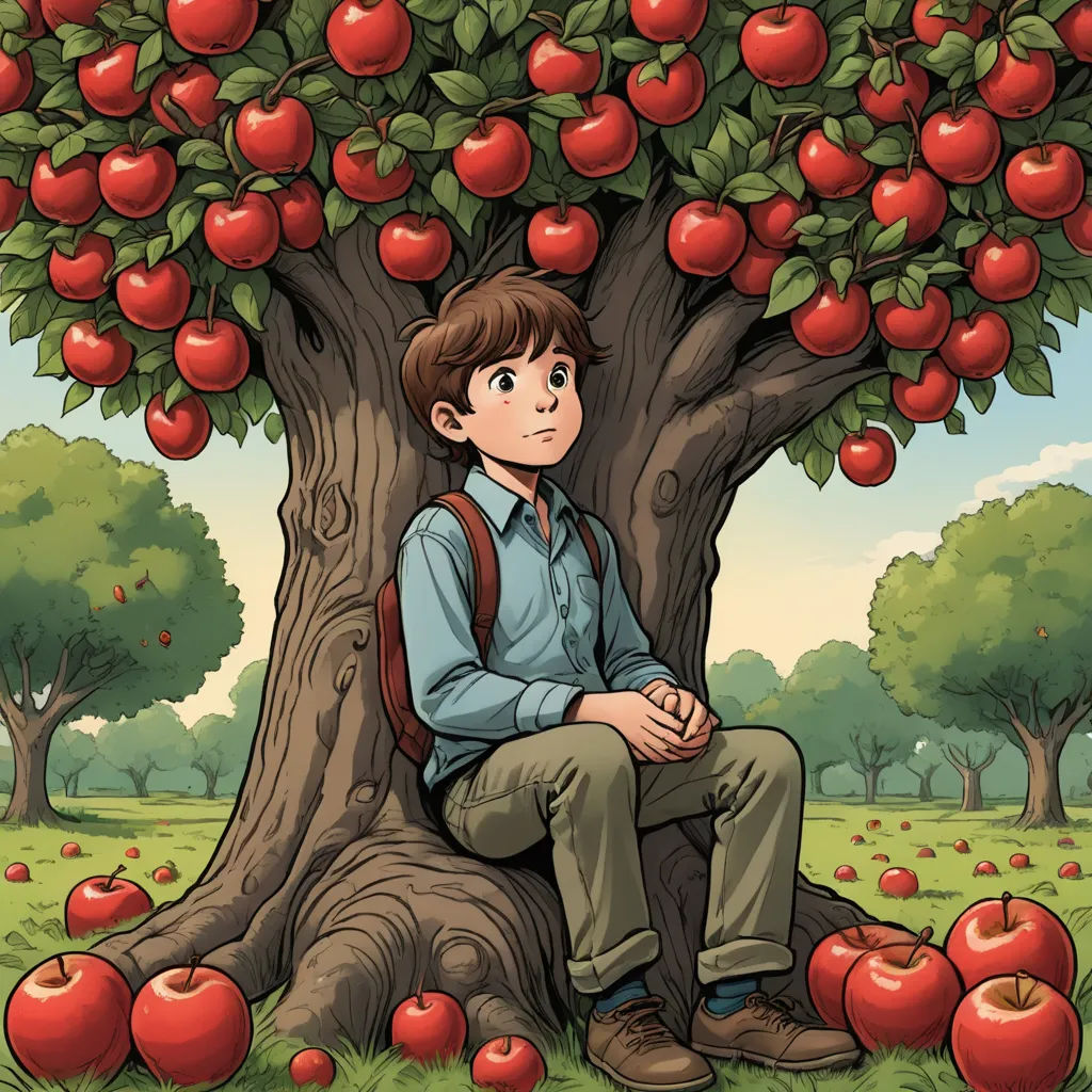 a boy sitting on a tree with apples in the background and a sky background with clouds and trees and grass, private press, a storybook illustration, Aaron Jasinski, comic cover art