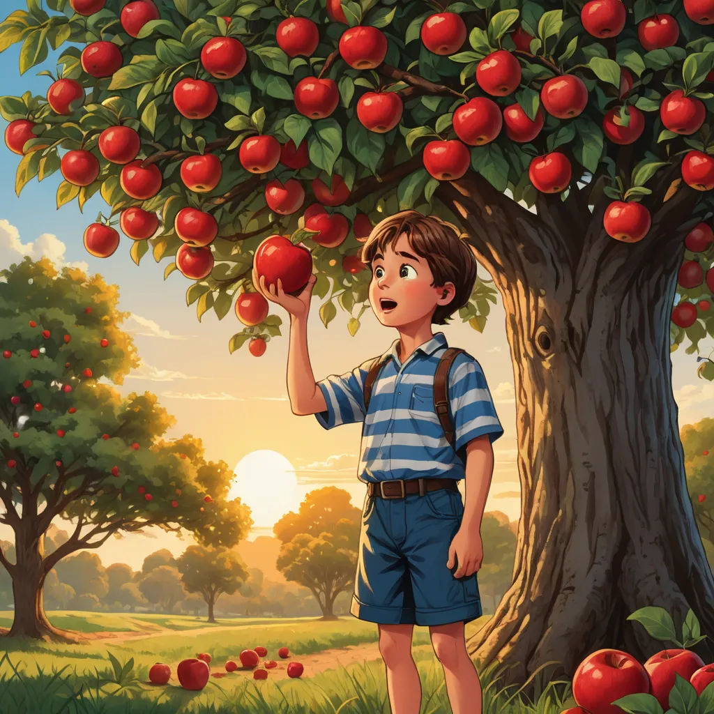 a boy standing under a tree with apples in his hand and a sunset in the background behind him,, precisionism, a storybook illustration, Aaron Jasinski, storybook illustration
