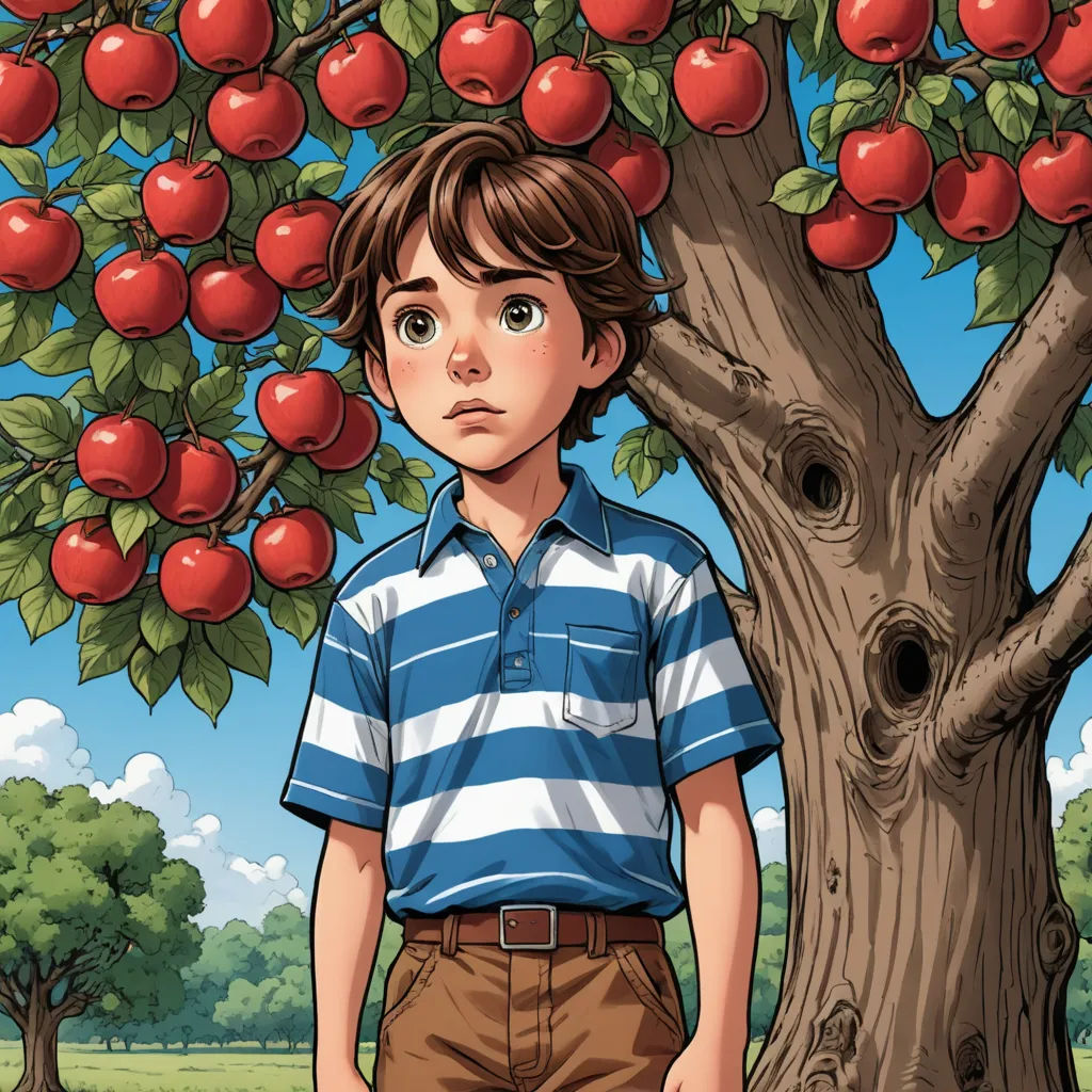 a boy standing in front of a tree with apples on it, in a cartoon style, with a blue and white striped shirt, precisionism, an ultrafine detailed painting, Aaron Jasinski, yukito kishiro