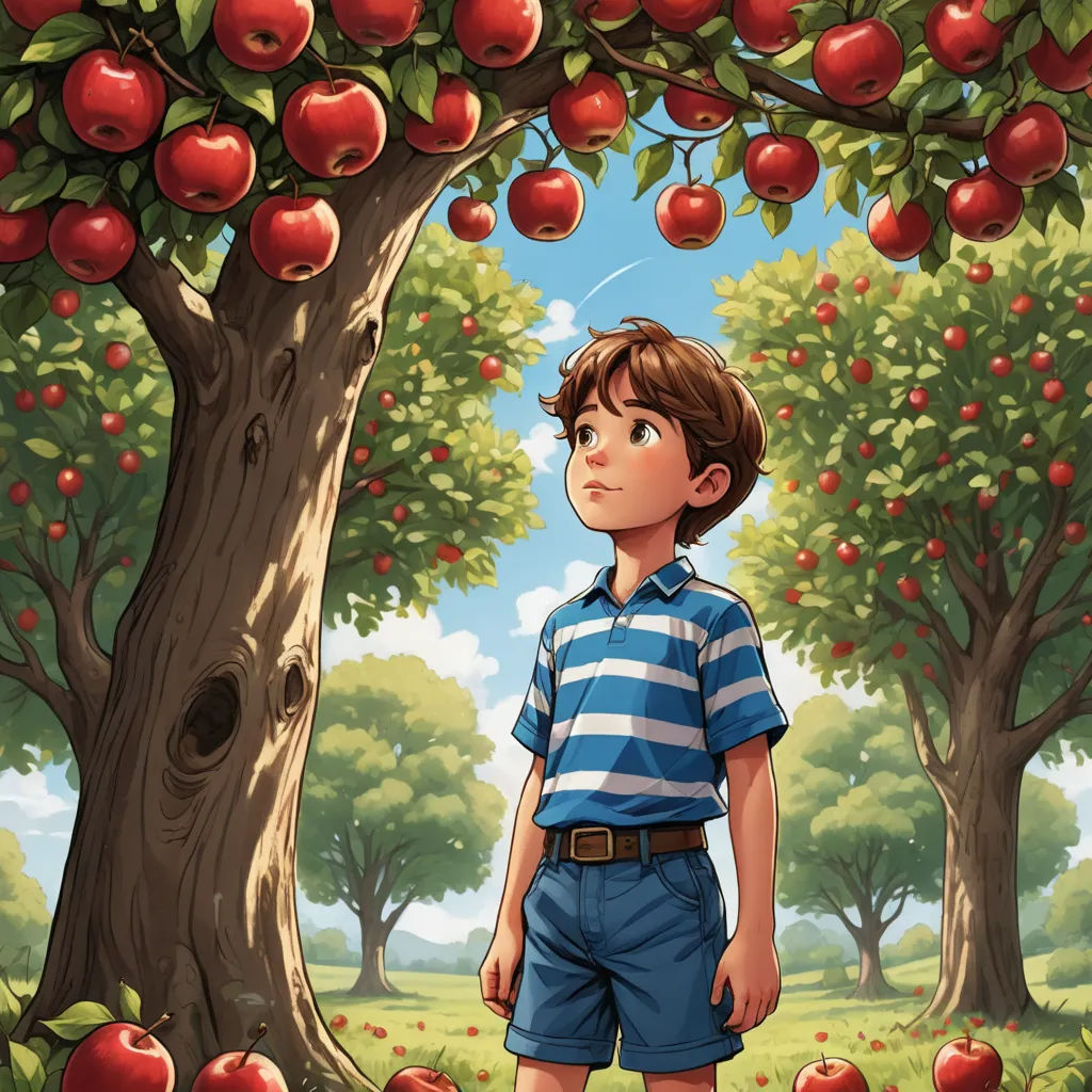 a boy standing in front of a tree filled with apples in a park with a sky background and a tree with lots of red apples, precisionism, a storybook illustration, Aaron Jasinski, storybook illustration