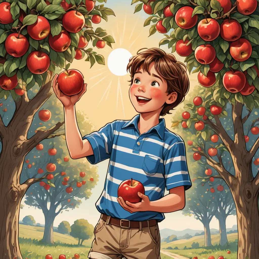 a boy holding an apple in a tree with apples on it and a sun in the background with a path through the trees, precisionism, a storybook illustration, Aaron Jasinski, storybook illustration