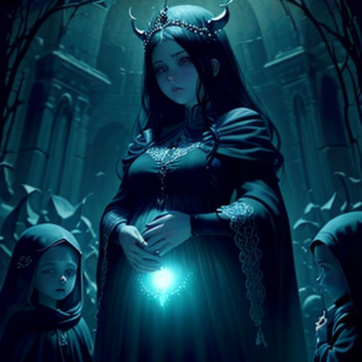 a woman in a black dress standing next to a child in a dark forest with a glowing orb in her hand