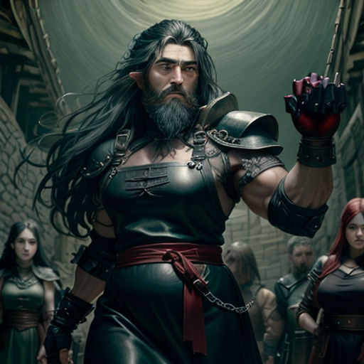 a man in a black outfit with a beard and a beard, holding a sword in his hand and surrounded by other people