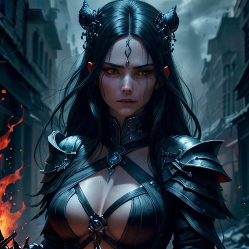a woman in a black outfit with horns and horns on her head, holding a sword in her hand
