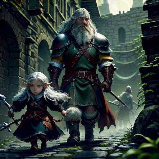 a man and a woman walking down a street next to each other in a fantasy setting with a castle in the background
