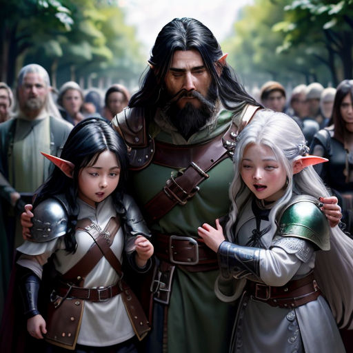 a painting of a man and two children standing next to each other in front of a crowd of people