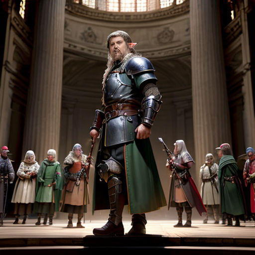 a man in a suit of armor standing in front of a group of people in a building with a dome