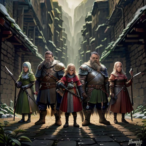 a group of people standing next to each other in a street with a giant city in the background and a giant mountain in the background