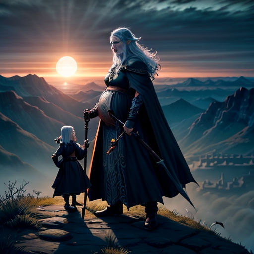 a woman and child standing on a hill with a giant moon in the background and a castle in the distance