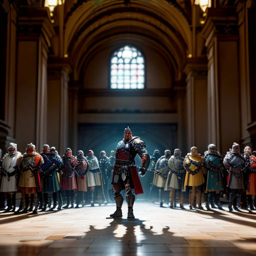 a group of people standing in a large room with a man in a costume standing in front of a group of people