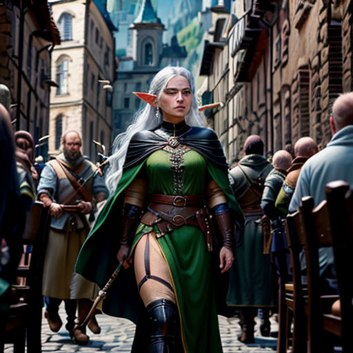 a woman in a green dress and a green cape walking down a street with people in the background and a castle in the distance