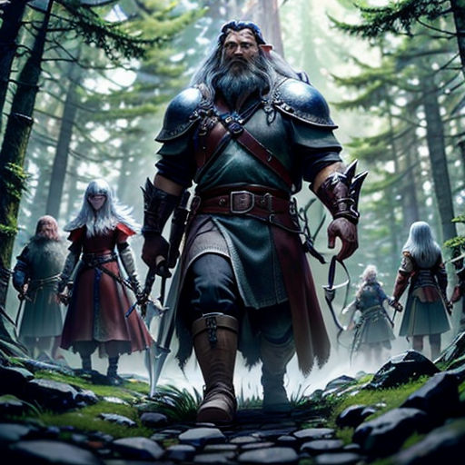 a group of people in the woods with swords and armor on their backs, with trees in the background