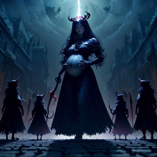 a woman in a costume standing in front of a group of demonic creatures in a dark alleyway with a glowing light above her