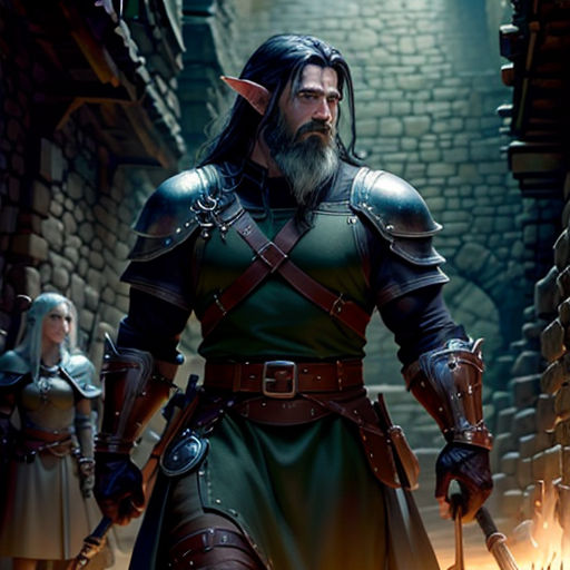 a man in a green outfit and a beard with a sword in his hand and a woman in a red dress
