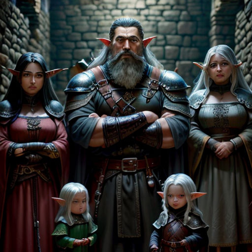 a group of people standing next to each other in front of a castle wall with a giant man in the middle