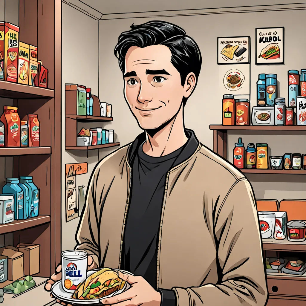 a man holding a plate of food in a store with shelves of food and condiments on the shelves, american realism, a comic book panel, David Park, graphic novel