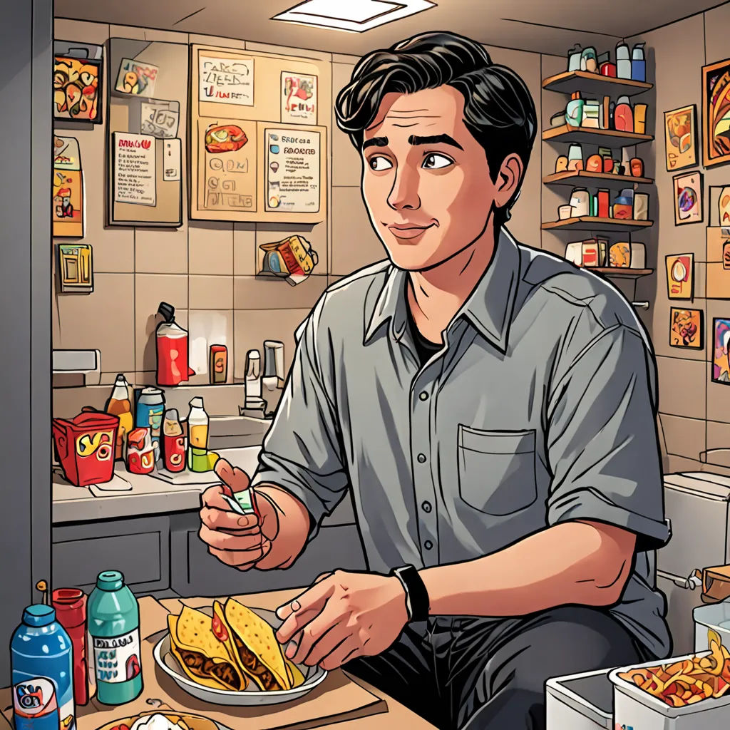 a man sitting at a table with a plate of food in front of him and a bottle of soda, serial art, a comic book panel, Ed Benedict, official art