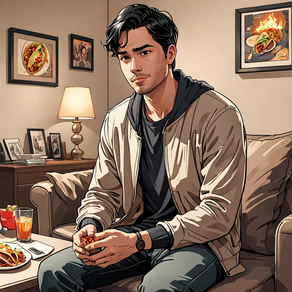 a man sitting on a couch in a living room with a plate of food on the table and a glass of juice, american realism, a comic book panel, Everett Warner, official art