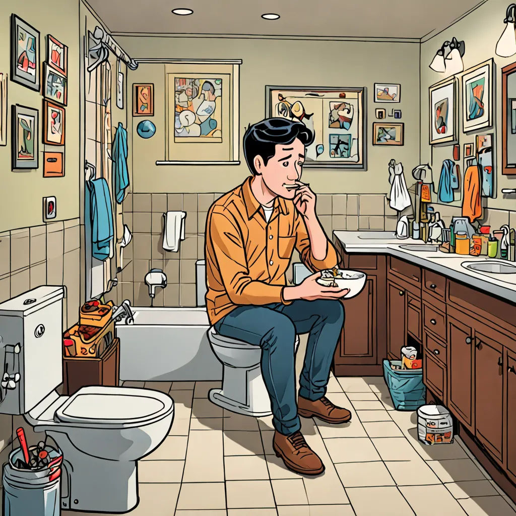 a man sitting on a toilet in a bathroom with a bowl of food in front of him and a toilet in the background, art brut, a comic book panel, Asaf Hanuka, detailed illustration