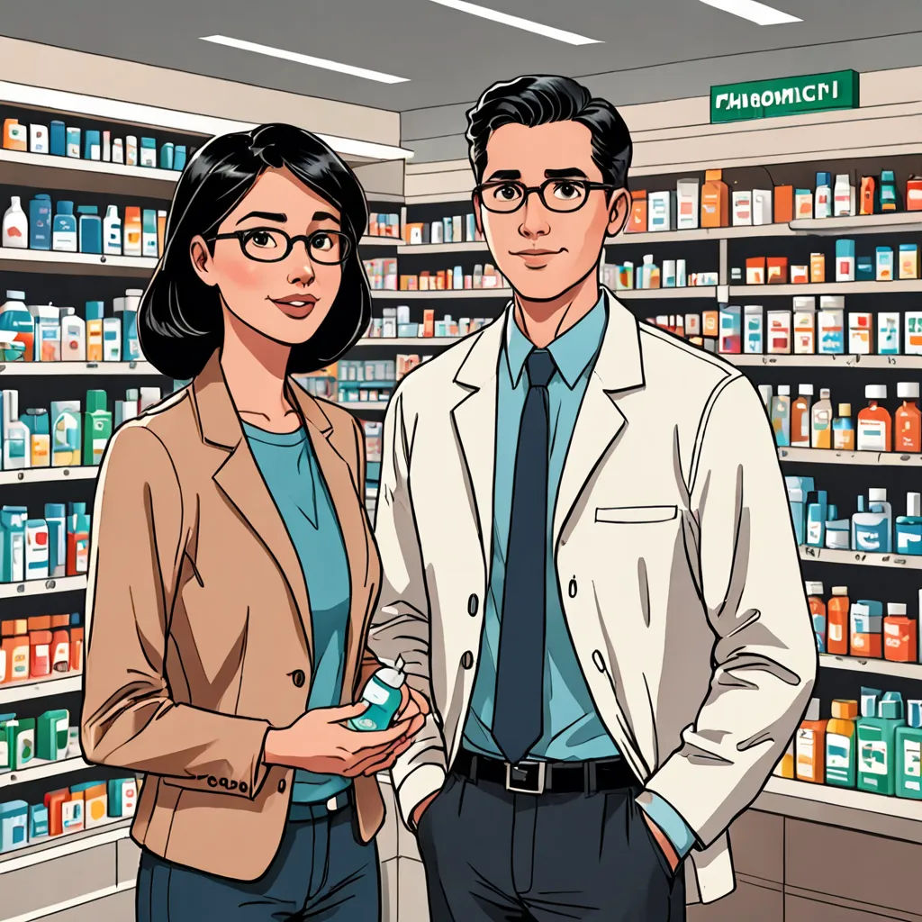 a man and woman standing in a pharmacy aisle with bottles of medicine in the background and a pharmacy sign in the foreground, lyco art, a storybook illustration, Asaf Hanuka, promotional image
