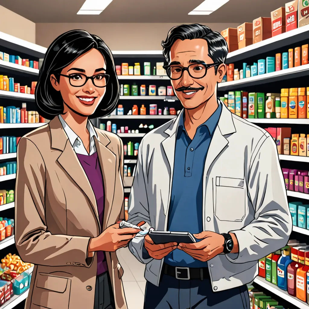 a man and woman standing in a store aisle looking at a tablet computer screen with a shelf of canned food behind them, serial art, a stock photo, Ada Gladys Killins, high detail illustration
