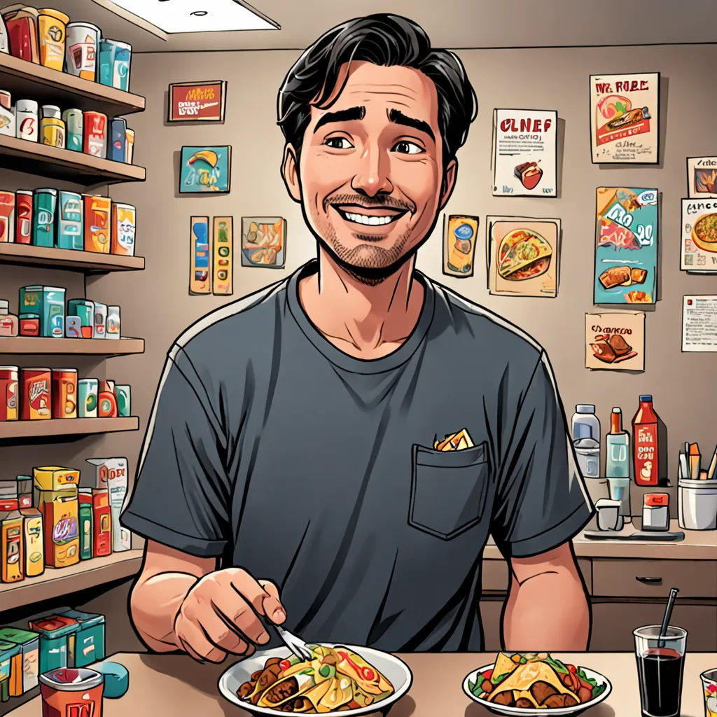 a man is eating a plate of food in a store with a lot of food on the shelves behind him, american realism, a character portrait, Benjamin Marra, comic cover art