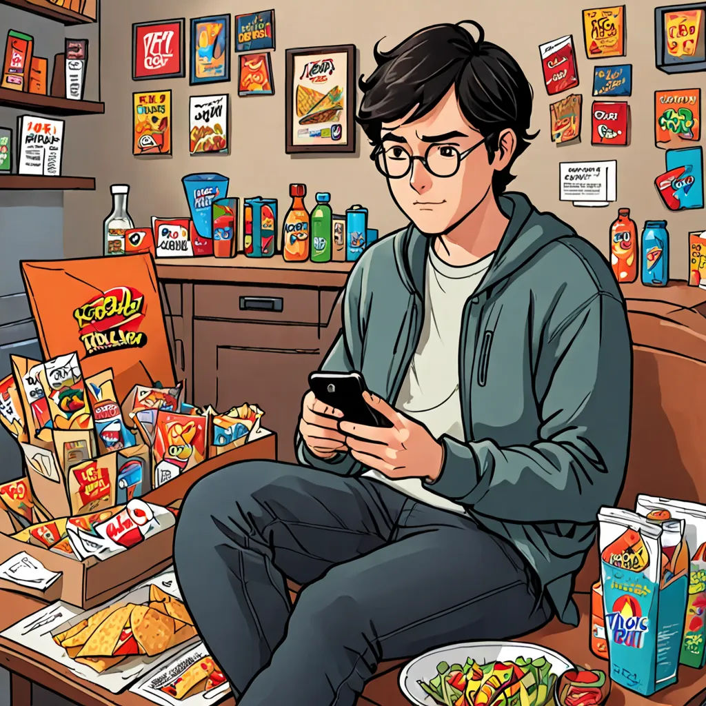 a man sitting on a chair in a room with food and a phone in his hand and a box of chips in front of him, serial art, a comic book panel, Asaf Hanuka, high detail illustration