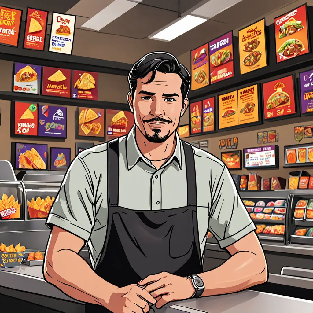 a man standing in front of a counter in a fast food store with a bunch of signs on the wall, rayonism, a comic book panel, Altoon Sultan, official art