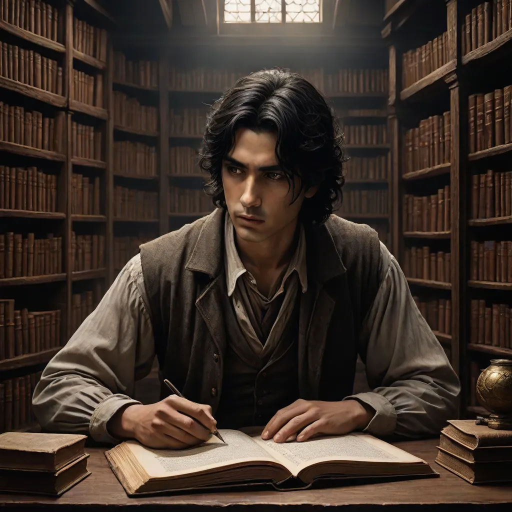 a man sitting at a table in a library with a book open and a lamp on top of it, pre-raphaelitism, a character portrait, David Annand, promotional image