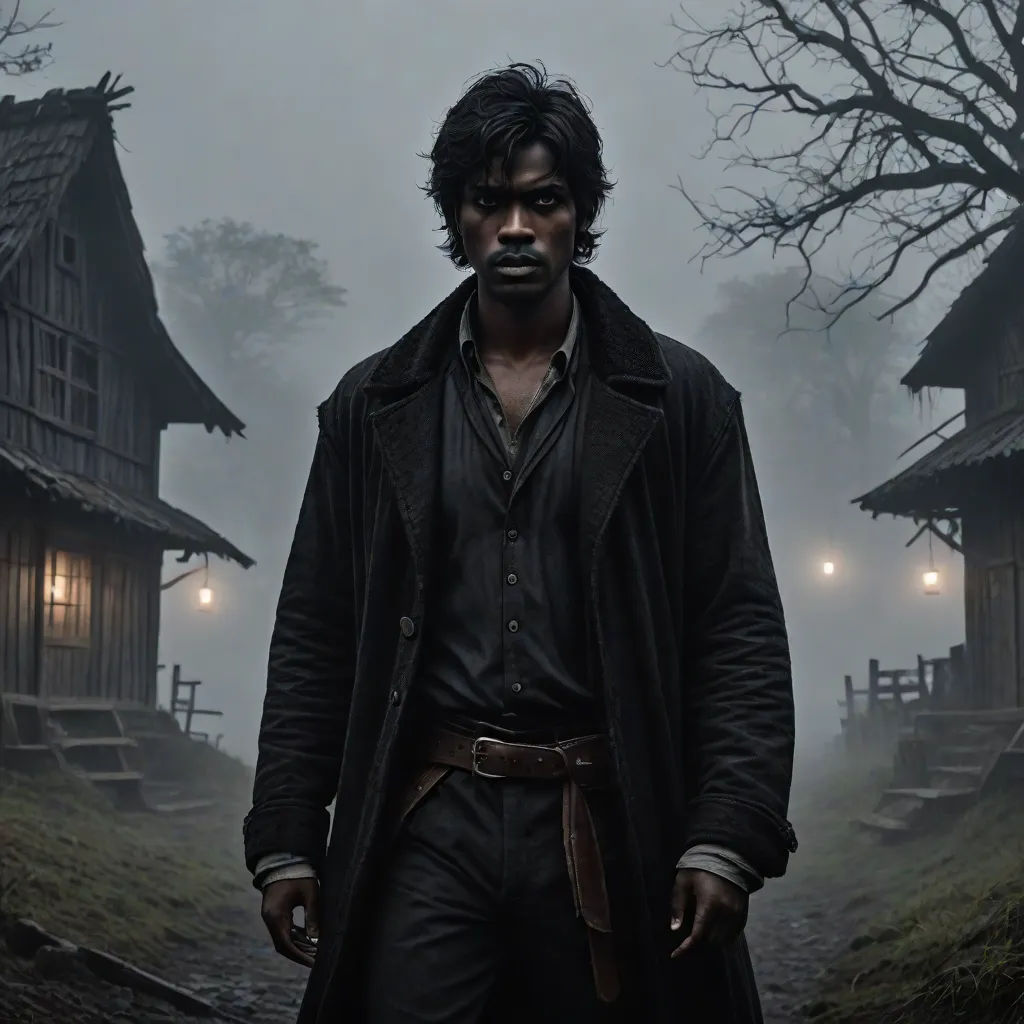 a man in a coat standing in front of a house in the fog with a lantern on his head, american romanticism, a character portrait, Derold Page, promotional image
