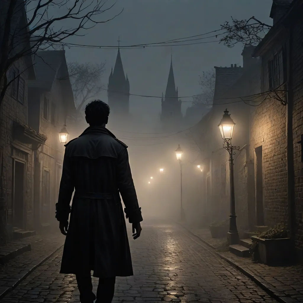 a man walking down a street in the fog with a coat on and a coat on his head and a coat on his coat, gothic art, a matte painting, Dirk Crabeth, cinematic photography