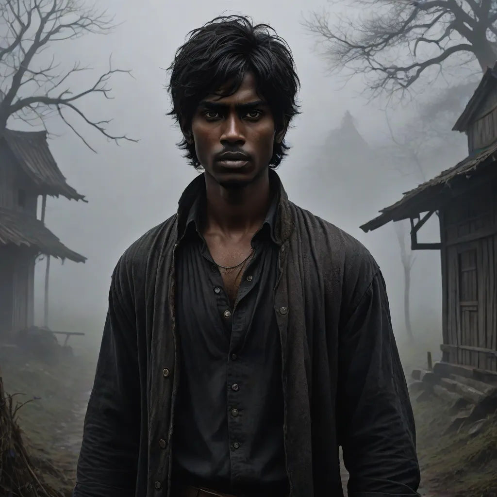 a man standing in front of a forest with a house in the background and fog in the air behind him, photorealism, a detailed matte painting, Dirk Crabeth, promotional image