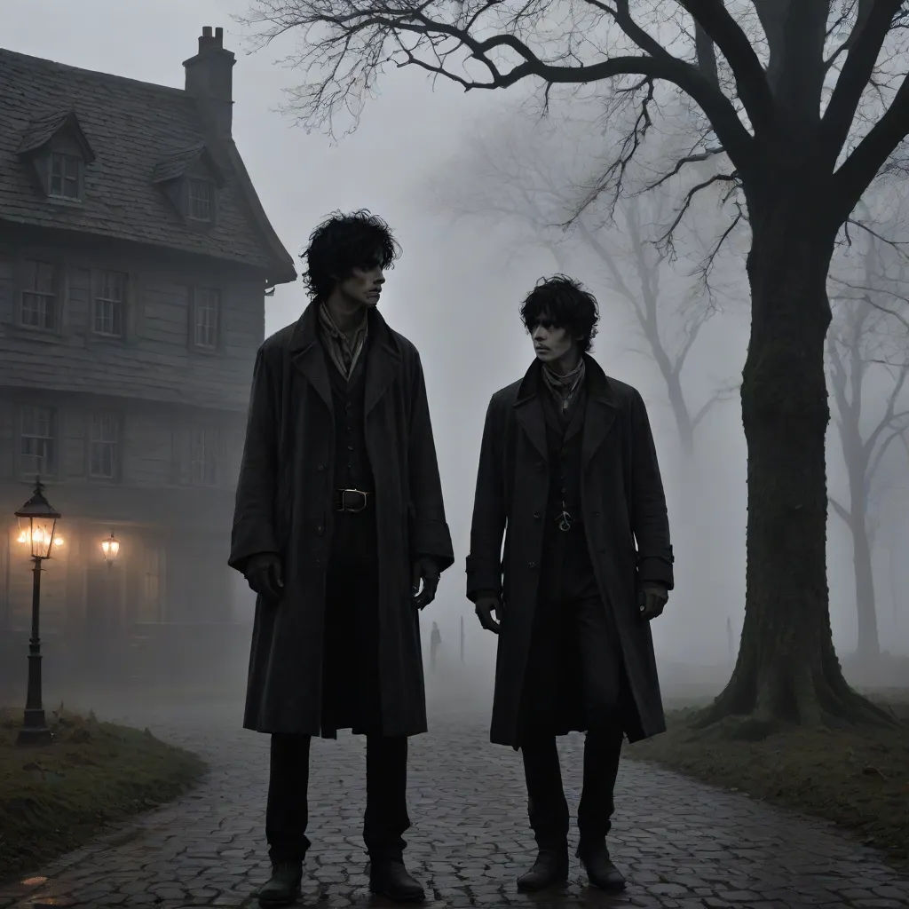 two men in coats standing in front of a house on a foggy day with a lamp post in the foreground, international gothic, a matte painting, Dirk Crabeth, dark shadows