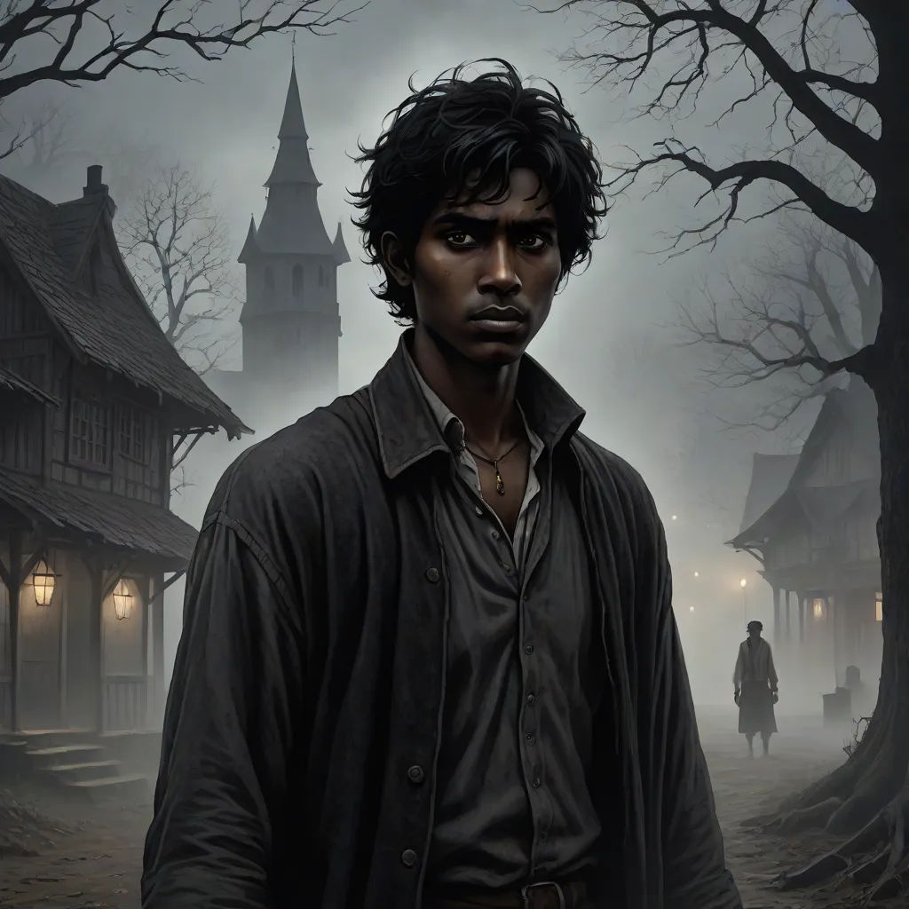 a man standing in front of a creepy house with a clock tower in the background and a creepy looking building in the background, fantasy art, a character portrait, Bastien Lecouffe-Deharme, mars ravelo and greg rutkowski
