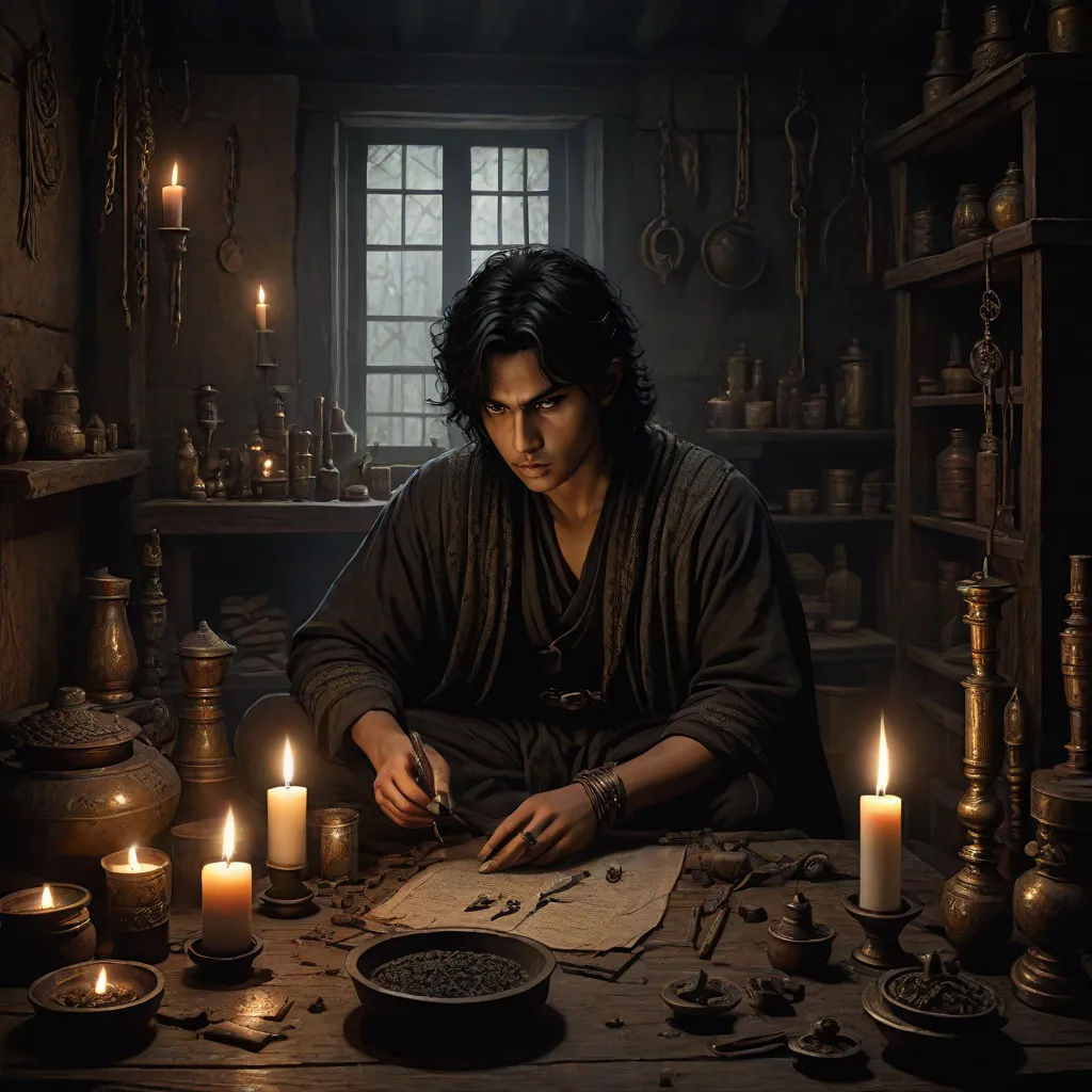 a man sitting at a table surrounded by candles and other items in a room with a window and a lot of shelves, fantasy art, a character portrait, Bastien L. Deharme, epic fantasy character art