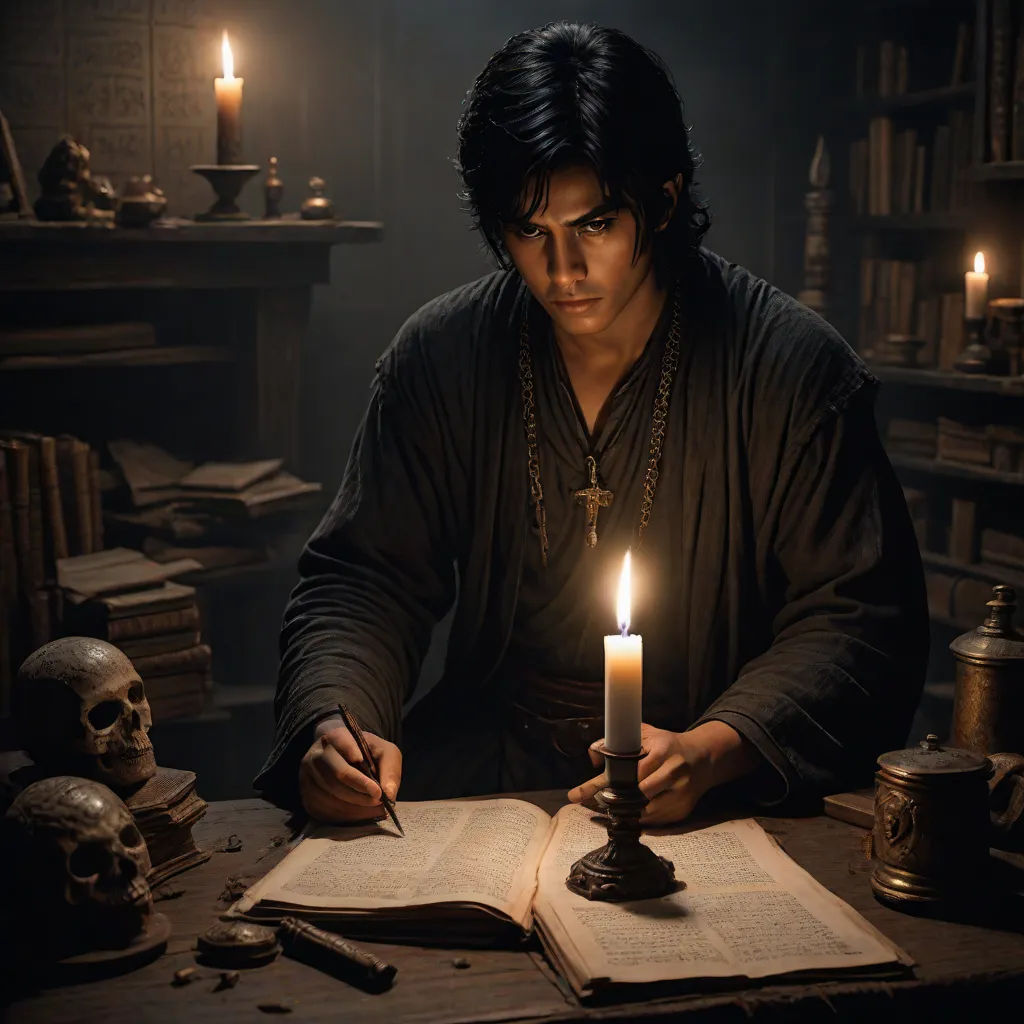 a man sitting at a table with a book and a candle in his hand and a skull on the table, qajar art, a character portrait, Altoon Sultan, promotional image