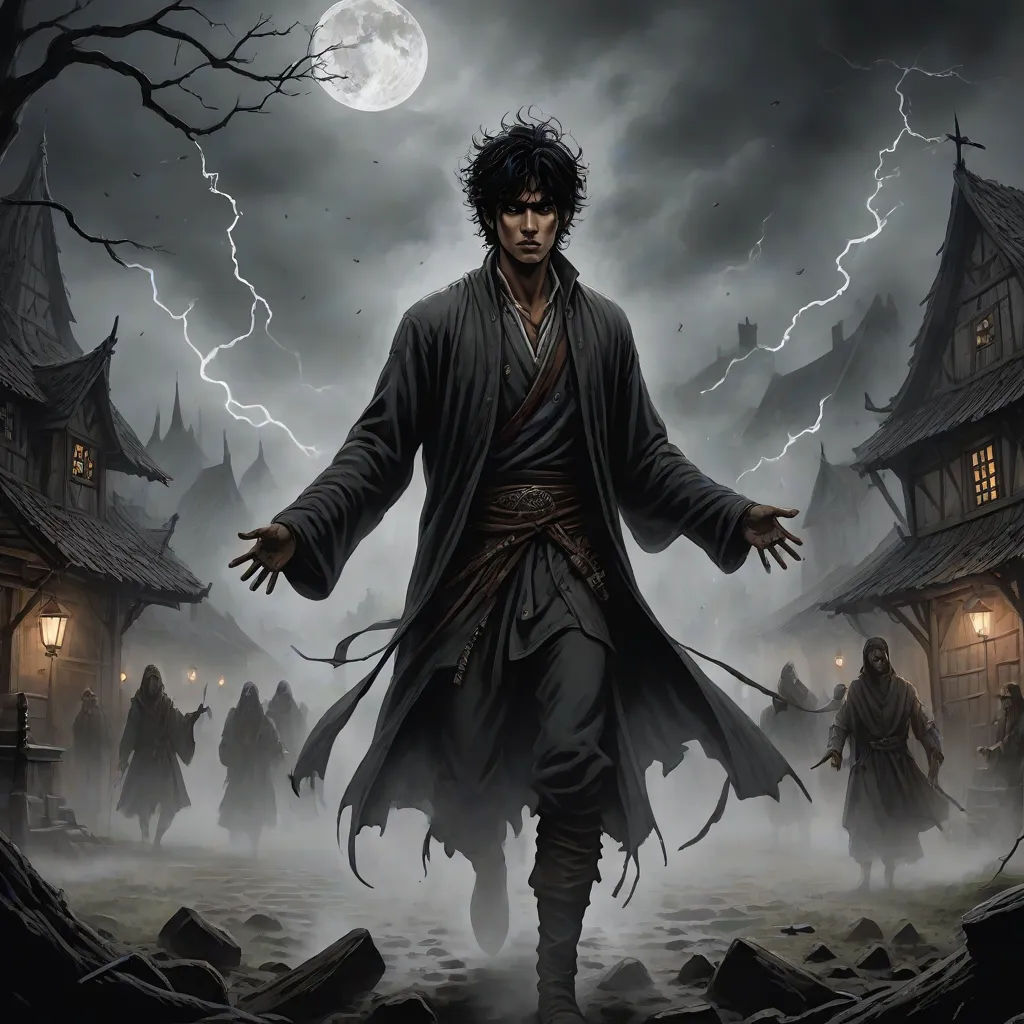 a man in a robe is walking through a village with a full moon in the background and a dark sky, fantasy art, a comic book panel, Dirk Crabeth, magic the gathering artwork