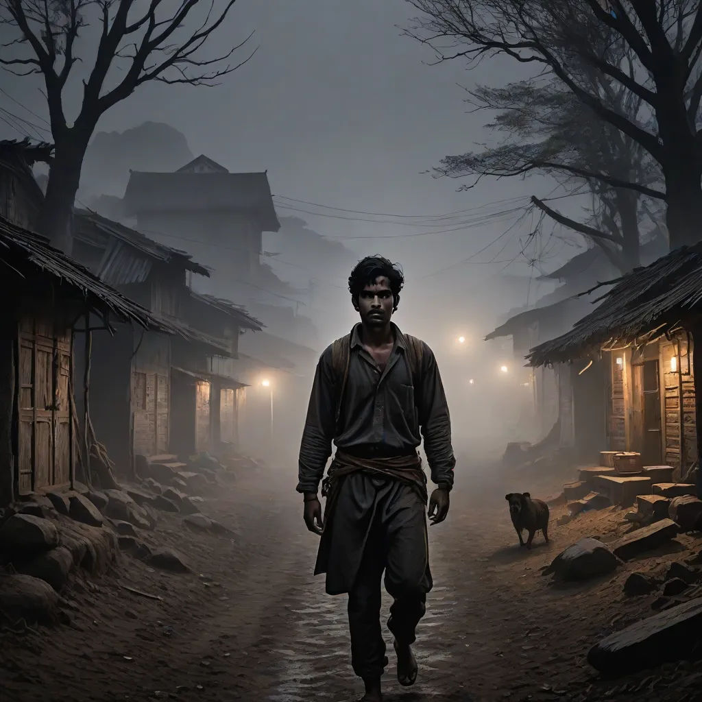 a man walking down a street in a village at night with a dog nearby on a foggy day, samikshavad, a detailed matte painting, Amir Zand, cinematic photography